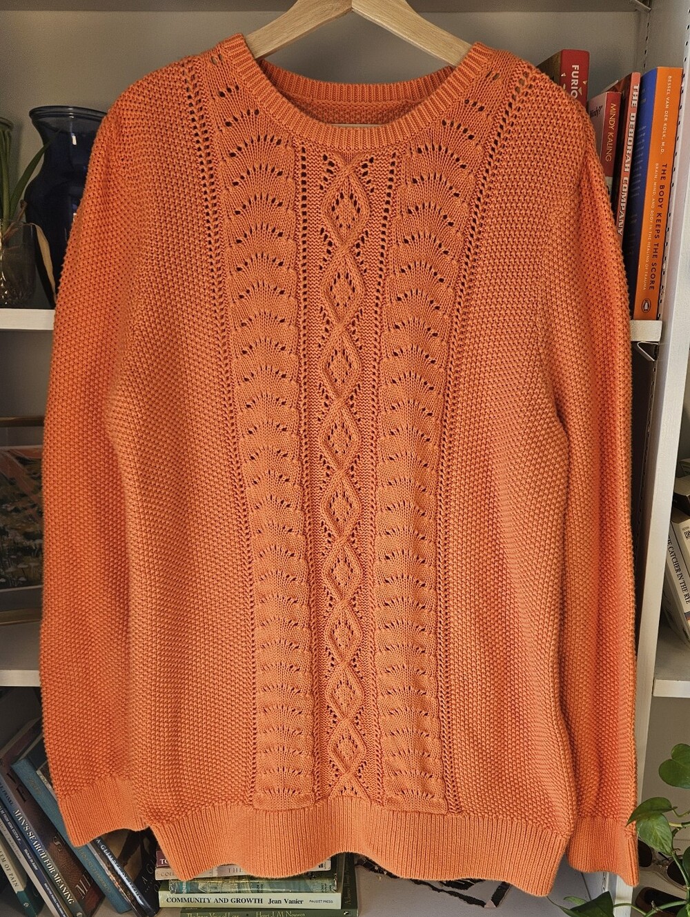LL Bean Women's Orange Cable Knit Sweater Cotton Size XL Fall Autumn Harvest
